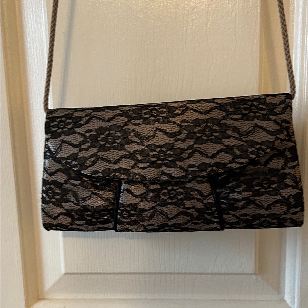 Black Lace Flap Wristlet Clutch with Braided Strap - Picture 2 of 7